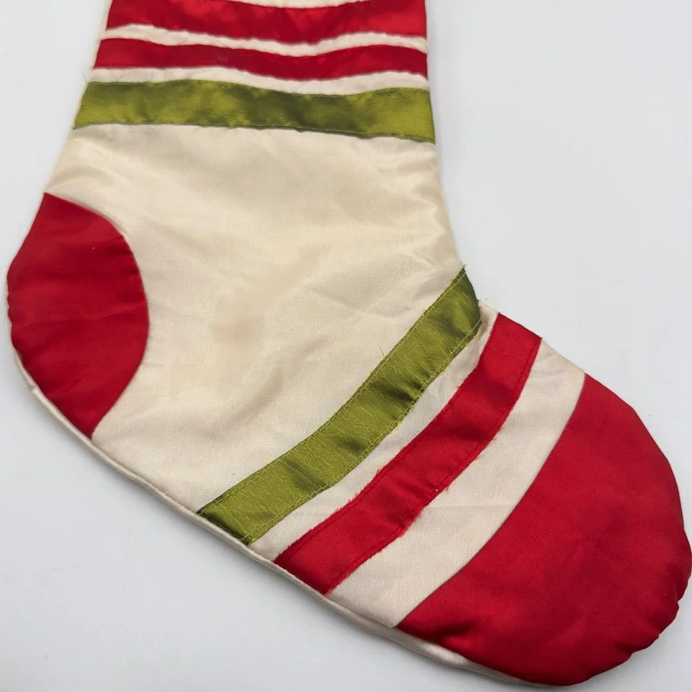 Imperial Home Fashion Christmas Stocking Red Green Striped cream Satin‎
